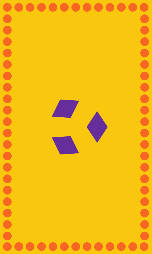 A yellow background with orange circles along the edge and three purple diamonds in the center.