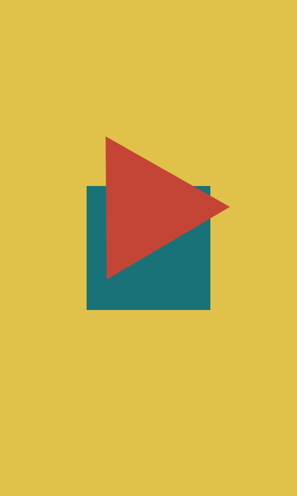 A mustard yellow background with a teal blue square in the center and a red triangle juxtaposed on top